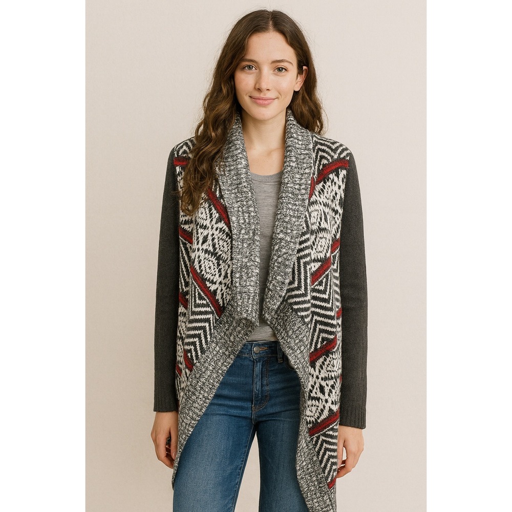 Dex Aztec Southwestern Knit Cardigan Nordic Fair Isle Gray Red Open Front S/P